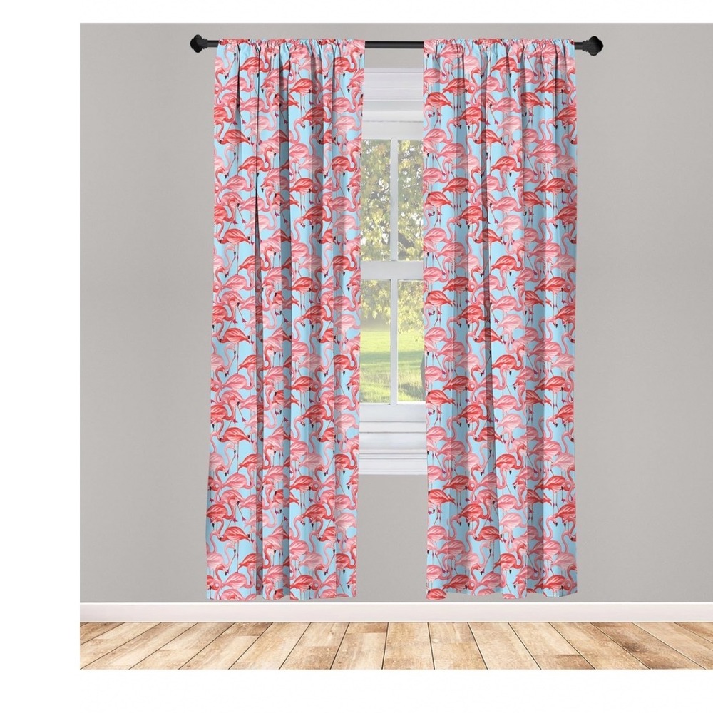 Pink Flamingo Blue Microfiber Window Curtains 2 Panel Set 56x95 Rod Pocket
